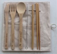 BAMBOO CUTLERY POUCH SET - Spoon, Fork, Knife, Chopstick, Straw and Cleaning Brush