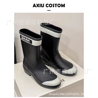 Knee Length Medium Ancient Rain Boots, Water Shoes, Square Heels, Thick Soles, Medium Sleeves, Color Matching Rain Shoes on The Outside