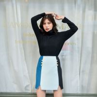 Pareach - Frappe Skirt - กระโปรงทรงตรง ตัดต่อผ้า ผสมรวมกัน 3 สี แต่งกระดุมทอง