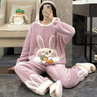 Autumn Sweet Princess Pajamas Set Women Cute Bunny Coral Fleece Warm Sleepwear Home Clothes Girls Kawaii Cartoon Pijama 2 Piece