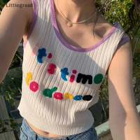 Littlegroot [2023 new HOT FASHION] เสื้อกล้ามแบบถักลายน่ารักคอกลมลายปักอักษรสีหวานสำหรับผู้หญิง