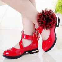 Korean fashion childrens shoes big flower princess shoes pink red black childrens leather shoes dance shoes