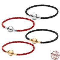 Classic 925 sterling silver red color black color woven leather round buckle bracelet fit design original Charm DIY jewelry Charms and Charm Bracelet