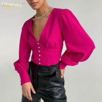 Clacive y V-Neck Pink Women Shirt 2021 Autumn Long Sleeve Fashion Blouse Casual Slim Single-Breasted Blue Blouses And Shirts