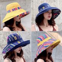 Topi Bucket โบโฮสำหรับผู้หญิงหมวกชาวประมงชายหาดสองหมวกปีกหน้าแฟชั่นสไตล์ลำลองดวงอาทิตย์กลางแจ้ง