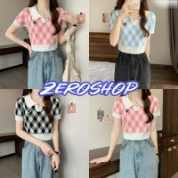 Zero shop?พร้อมส่ง? (Zero-45608) เสื้อไหมพรมแขนสั้น คอปกสีพาสเทล น่ารักสไตล์เกาหลีตารางใหญ่ -C