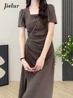 【YF】 Jielur Summer New Slim Solid Color Womens Dress Sweet Ladies Casual Chicly Woman Coffee Black Street Chiffon Female