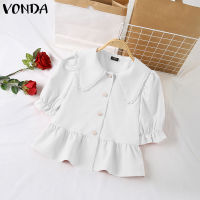 (จัดส่งฟรี)Fancystyle VONDA เสื้อลำลองผู้หญิงกลีบดอกไม้ปกเสื้อแขนสั้นเสื้ออเนกประสงค์ลูกไม้เล็กๆสีทึบ #2