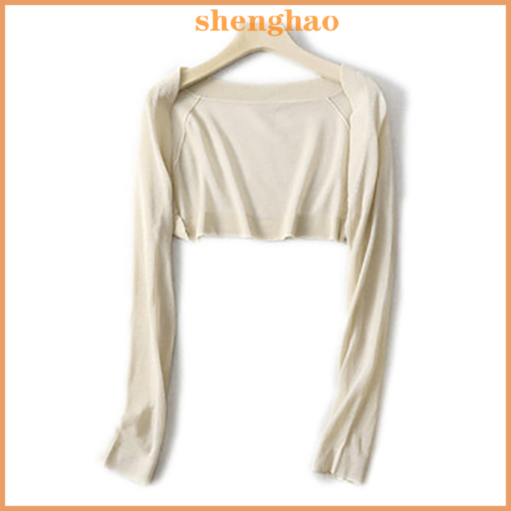 shenghao-คาร์ดิแกนถักสั้นผ้าไหมน้ำแข็งสำหรับผู้หญิงเสื้อกันแดดแขนยาวแบบบางสีพื้นฤดูร้อน