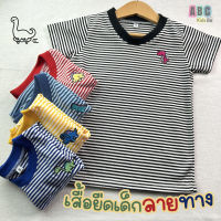 KIDS เสื้อยืดเด็กแขนสั้น ลายทางเล็ก ปักไดโน Size S-XL อายุ 1-8 ปี คอกลม ผ้าคอตตอน เสื้อเด็ก เสื้อยืดเด็กผู้ชาย เสื้อยืดเด็กผู้หญิง (STR-1)