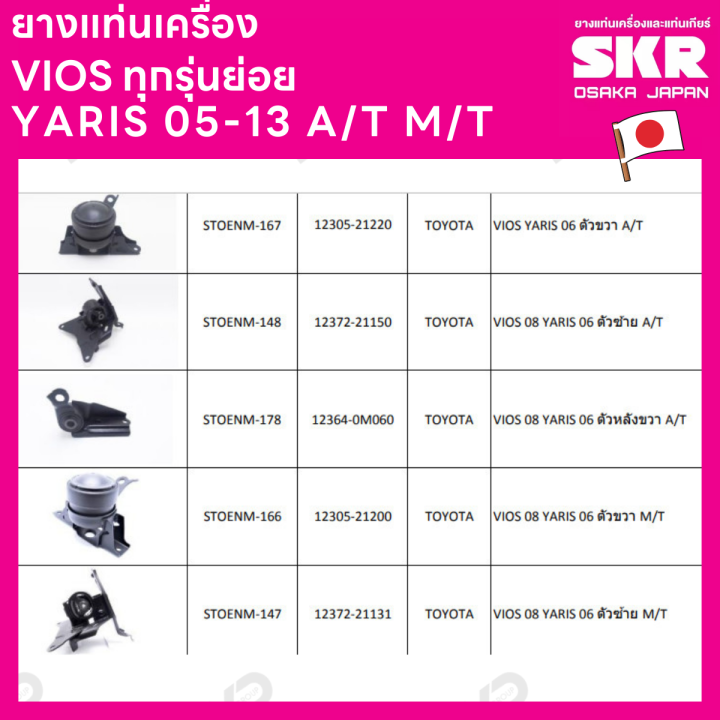 ยางแท่นเครื่อง-แยกขาย-toyota-vios-ทุกรุ่น-ปี-03-06-a-t-m-t-07-12-ปี-13-16-ปี-17-ยี่ห้อ-skr-สินค้านำเข้าจากญี่ปุ่น-แยกซ้าย-ขวา