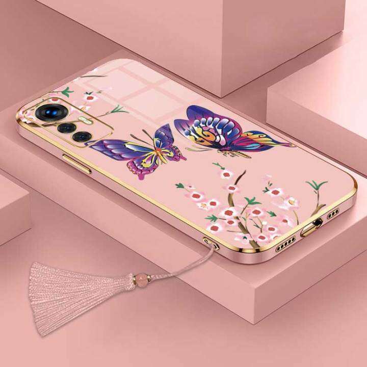 เคสสำหรับ-xiaomi-12-lite-หรูหราผีเสื้อที่สวยงามพร้อมกล้องดอกไม้เคสโทรศัพท์ขอบซิลิโคนอ่อนนุ่มฟรีสายคล้องชุบ