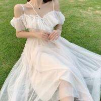 Vacation fairy temperament gentle wind off-the-shoulder white gauze with falbala condole female long dress