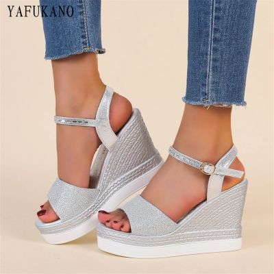 Glitter Ankle Strap Wedge Sandals Silver Party Wedding Shoes Fashion Platform High Heels Open Toe Women Pumps Small Size 33