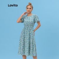 【คุณภาพสูง】Lovito ชุดเดรสแขนพัฟลายดอกไม้น่ารัก L06052 (สีฟ้า)