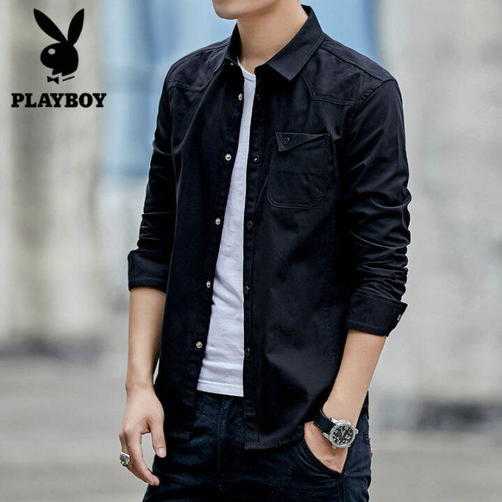 playboy-ฤดูใบไม้ร่วงเสื้อสไตล์ใหม่ผู้ชายแขนยาวผ้าฝ้ายบางพอดีกองทัพทั้งหมดจับคู่เสื้อผู้ชาย