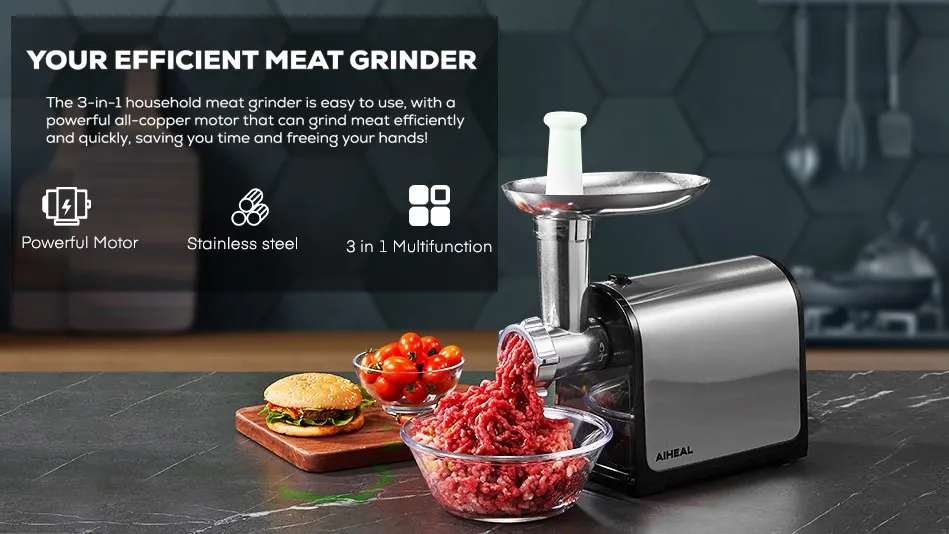 Electric Meat Grinder, Aiheal Sausage Stuffer with 2 Blades, 3 Plates, 3  Sausage Tubes, Meat Grinder Heavy Duty for Home Kitchen Use, Stainless Steel