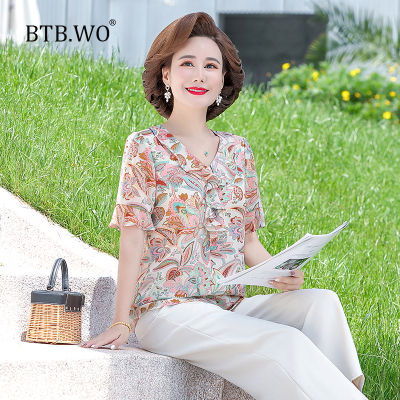 Btb.wo ฤดูร้อนพิมพ์เสื้อผู้หญิงเสื้อแขนสั้นท็อปส์ลำลองหลวม5XL วัยกลางคนแม่เสื้อผ้า