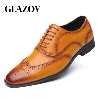 GLAZOV Triple Joint Handcrafted Mens Genuine Leather Formal Shoes Cap Toe Oxford Italian Carved Dress Shoes for Business Men