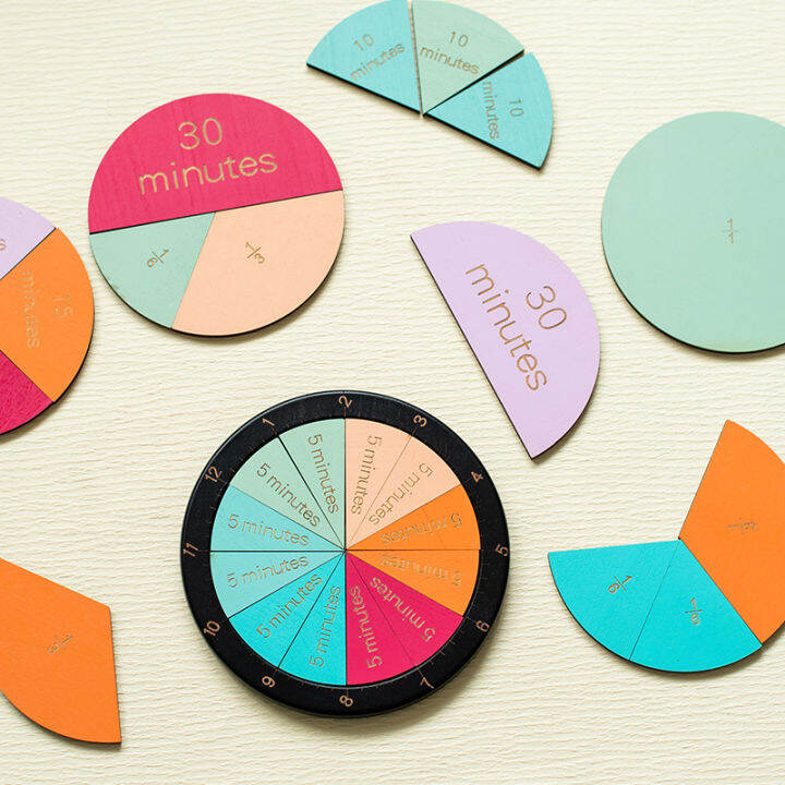Wooden Montessori Fraction Clock Toy, Math Learning Time Teaching