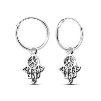 Silver thai  Hoop earrings with oxidized Hamsa charms, ต่างหูห่วง ต่างหูห่วงฮัมซางานออกซิไดซ์เงินแท้925