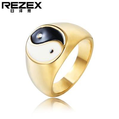 เครื่องประดับ REZEX Taoism หยินหยาง Gossip Tai Chi แหวนเหล็กไทเทเนียมผู้ชายสีขาวดำ