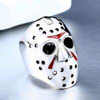 แหวนน้ำมันสีแดงเพ้นท์ลายกะโหลกสีเงินน่ารักแหวนหน้ากากแฟนซีลาย Jason แฟชั่น Euramerican