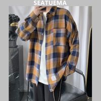 SEATUEMA เสื้อลายสก๊อตผู้ชายเทรนด์หล่อผ้าฝ้ายด้านบนหลวมเกาหลีบวกขนาดเสื้อผู้ชายแขนยาว