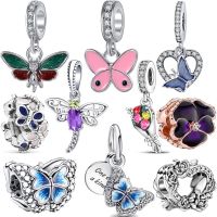 New Blue Pink Bee Butterfly Flower Dragonfly Fashion Pendant DIY Beads Fit Original Pandora Charms Silver Color Bracelet Jewelry