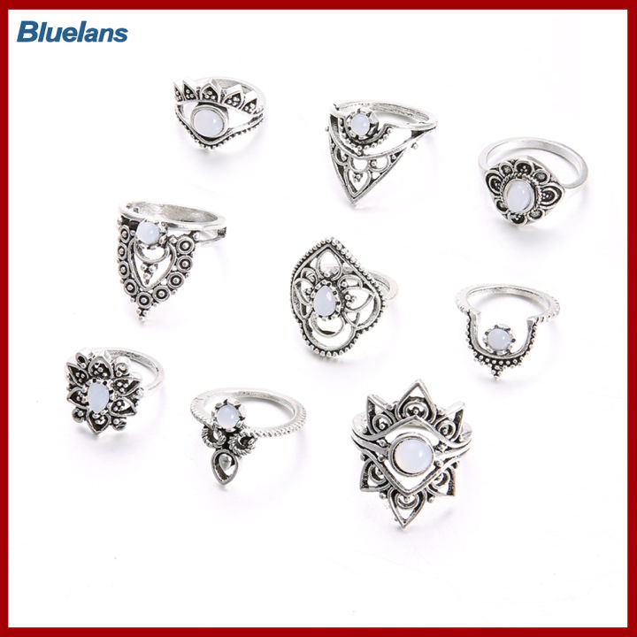 Bluelans®ชุดสนับแข้ง Midi พลอยเทียมสำหรับผู้หญิงชุดแหวนวงบางแบบย้อนยุค9ชิ้น/เซ็ต