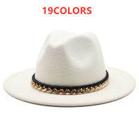 รู้สึก Fedora หมวกผู้ชายผู้หญิง jzz หมวกสุภาพบุรุษผ้าฝ้ายฤดูหนาวสีดำสีขาวสีเหลืองปีกกว้างเหล็กโซ่หมวกด้านบน C hapea F emme 19colorcolor