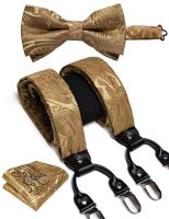 【YF】✟✟☬  Gold Silk Suspenders Men Real Leather Metal 6 Braces Elastic Trouser Straps Mens DiBanGu