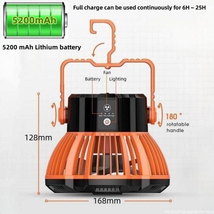 พัดลมตั้งแคมป์กลางแจ้งชาร์จได้แบบพกพาเต็นท์พัดลมแขวน-kipas-angin-kecil-พร้อมไฟ-led-ไฟฉุกเฉินชาร์จ-usb-แบตเตอรี่ลิเธียม5200-ma