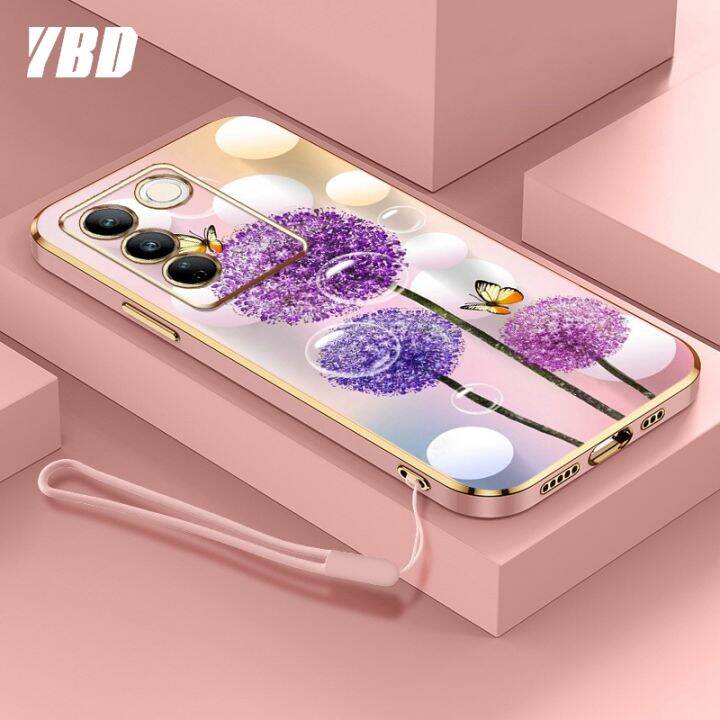 ybdเคสใหม่สำหรับ-vivo-v27e-v27-s16e-s16-s16-pro-v27-pro-เคสโทรศัพท์นิ่มชุบโครเมี่ยมสุดหรูแฟชั่นสีสันสดใสฟรีสายคล้องเคสแบบดอกไม้ผีเสื้อ