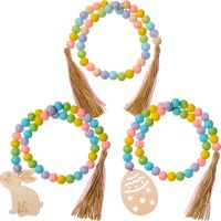 3 Pieces Easter Wood Beads Garland Tassel Garland Farmhouse Rustic Spring Beads Garland Prayer Boho Beads Decor