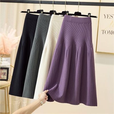 【CC】¤▥⊙  2023 New And Mid-length Color A-line Skirt All-match Knitted Pleated Half-length