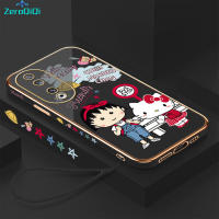 ZeroQiQi เคสโทรศัพท์สำหรับ Honor 90 5G 90 Lite 5G ฟรีสายคล้องการ์ตูน Chibi Marukochan Kity เคสขอบสี่เหลี่ยมรูปแมวเด็กผู้หญิงชุบเคสโทรศัพท์เคสโทรศัพท์นิ่มชุบหรูหรา