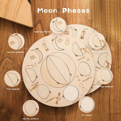 23New New Montessori Wooden Moon Puzzle Board Toys For Kids Inlaid Wood Chips Interactive Toys Educational Moon Phase Change Games