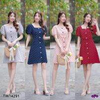 TW14291 Dress เดรสสั้น คอเหลี่ยม แขนตุ๊กตา ระดุมหน้า ลายจุด