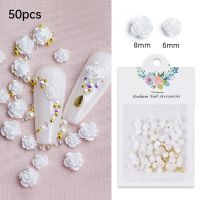 50pcs White Rose Flower Nail Rhinestones 3D Vintage Camellia With Gold Steel Ball Nail Art Decorations Valentines Accessories