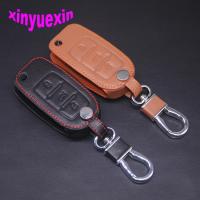 ♛ Xinyuexin Leather Car Key Cover Fob Case For VW Jetta Golf Passat Beetle Polo Bora Flip Key Jacket With Keychain No Logo 3Button