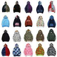 BAPE BAPE Jaket Loreng ปลาฉลามปักแบบญี่ปุ่นบนถนนเทรนด์สำหรับทั้งหญิงและชายเทอร์รี่เสื้อกันหนาวบางเสื้อฮู้ดคาร์ดิแกนฤดูใบไม้ผลิและฤดูใบไม้ร่วง