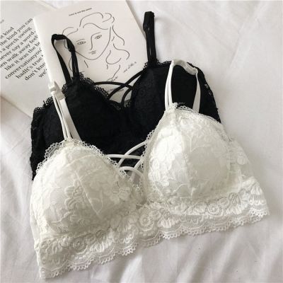 [COD] Korean version of lace front cross sexy top underwear without rims gathered chest net red girl bra students inner