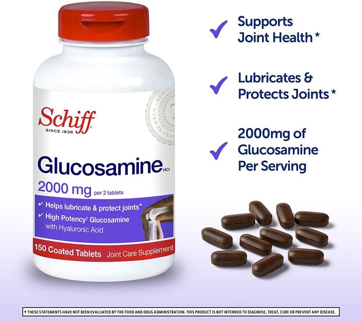 กลูโคซามีน-ซัลเฟอร์-ไฮยาลูรอนิค-glucosamine-2000-mg-150-coated-tablets-schiff