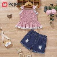 PatPat 2ชิ้น Balita Perempuan อินเทรนด์ลูกไม้ตัดชายผ้าแบบพองฟู Smocked เสื้อกล้ามและกางเกงยีนขาสั้นแบบฉีกชุด