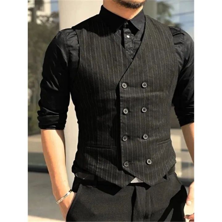 Men's Suit Vest Striped Double Breasted Business Sleeveless Jacket ...