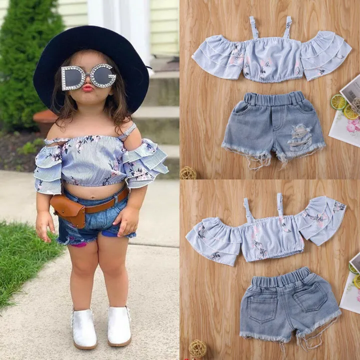 Toddler Baby Girl Off Shoulder Crop Tops T-Shirt Ripped Denim Shorts Outfit  | Lazada