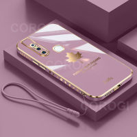 เคสสำหรับ Vivo V15 / V15 Pro + สายคล้องหรูหราเคลือบ6D กันชนสี่เหลี่ยมใบเมเปิลปลอกหลังซิลิโคนนิ่มสำหรับคู่รักสาวๆ