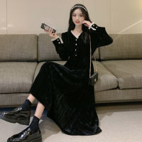 Golden velvet dress womens autumn and winter bottom skirt 2021 new medium length black with coat long skirt