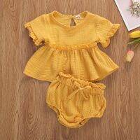 Summer Girls Baby Outfit Solid Color Lace Short Sleeve Top Shorts Set Toddlers Round Collar Top with Sweet Short Bottoms  by Hs2023